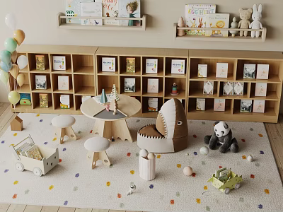 Panda Doll In Cozy Children's Room With Shelves Small Table Stools And Toys 3d model
