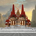 Traditional Chinese Ancient Architecture with Red Spire Roofs Stone Steps Decorative Lanterns and Mountain Backdrop