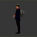 Blue Military Uniformed Figure With Golden Decorated Hat Red Cuffs Backpack Against Gray Background