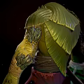 Mythical Green Scaled Creature Character With Textured Skin And Holding Knife Bandages