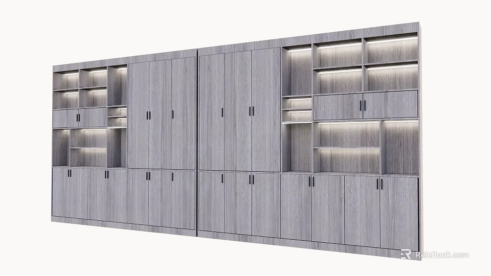Modern Gray Wooden Storage Cabinet Shelves With Combined Open Shelves And Closed Cabinets LED Lighting 3d model 