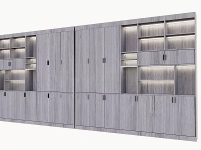 Modern Gray Wooden Storage Cabinet Shelves With Combined Open Shelves And Closed Cabinets LED Lighting 3d model