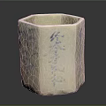 Cream Colored Hexagonal Ceramic Brush Pot With Blue Bamboo Patterns And Characters 3d model