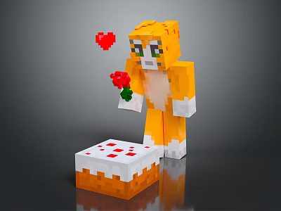 Minecraft Style Orange Block Character Holding Red Rose with White Cake and Red Heart 3d model