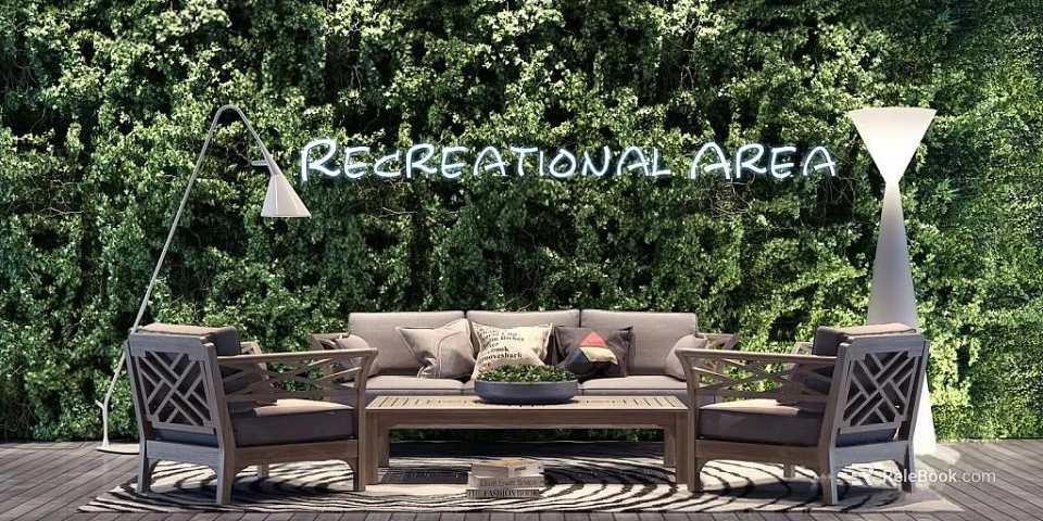 Outdoor Sofa With Cushions In Recreational Area Against Greenery Backdrop And Coffee Table 3d model 