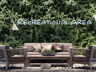 Outdoor Sofa With Cushions In Recreational Area Against Greenery Backdrop And Coffee Table 3d model