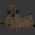 Wooden Cottage Building With Windmill Structure Multiple Windows Dark Roof And Connected Platforms Stairs