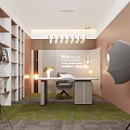 Modern Public Office Space Interior With Bookshelves Work Desk And Hanging Lights