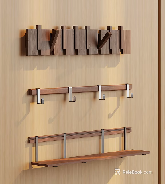 Wooden Wall Hooks And Shelves With Metal Accents For Home Organization 3d model 