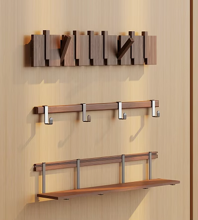 Wooden Wall Hooks And Shelves With Metal Accents For Home Organization 3d model