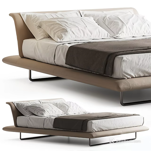 Modern Double Bed Design With Leather Headboard White Sheets And Brown Blanket 3d model 
