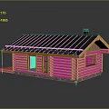 Log Cabin Wooden Structure With Black Roof Chimney And Stone Foundation