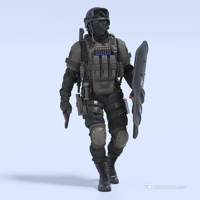 Tactical Man In Full Body Gear Holding Shield Pistol With Vest And Knee Pads 3d model 