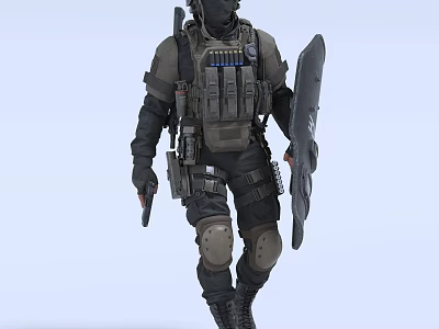 Tactical Man In Full Body Gear Holding Shield Pistol With Vest And Knee Pads 3d model