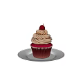 Cupcake With Pink And White Swirl Cream Cherry Top Gradient Paper Cup On White Plate