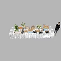 Food Buffet Table With Desserts Cakes Flowers Display Stands And White Tablecloth Under Lighting