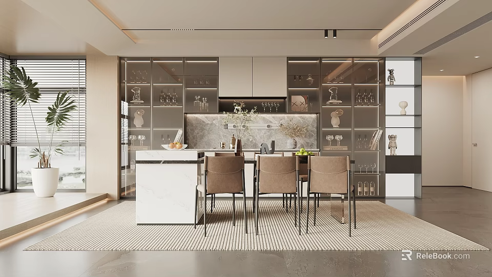 Modern Restaurant Interior With Marble Island Counter High Chairs Glass Display Cabinets And Green Plants 3d model 