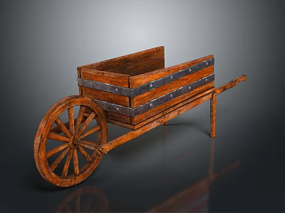 Vintage Wooden Wheelbarrow with Rectangular Bucket Metal Strips and Large Spoked Wheel 3d model