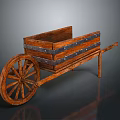 Vintage Wooden Wheelbarrow with Rectangular Bucket Metal Strips and Large Spoked Wheel
