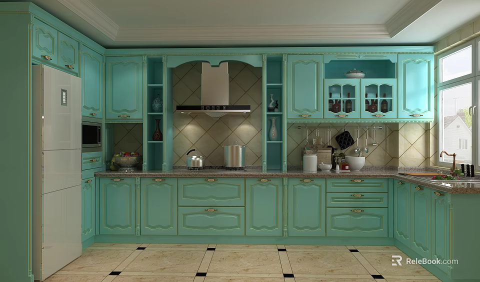 Light Green Kitchen Cabinets With Glass Doors And Decorative Countertop Interior 3d model 