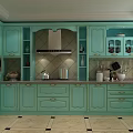 Light Green Kitchen Cabinets With Glass Doors And Decorative Countertop Interior