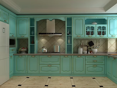 Light Green Kitchen Cabinets With Glass Doors And Decorative Countertop Interior 3d model