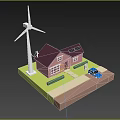 Cartoon Scene Featuring Pink House Wind Turbine Solar Panels Blue Car Green Lawn and Driveway