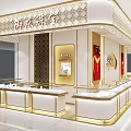 Luxurious Jewelry Store Interior With Golden Decor White Counters And Red Displays