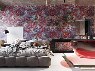 Hotel Room Interior Design With Large Bed Colorful Artistic Wallpaper And Modern Decor 3d model