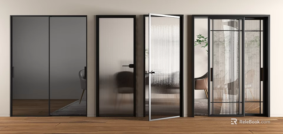 Modern Interior Glass Doors With Various Textures And Black Frames Design 3d model