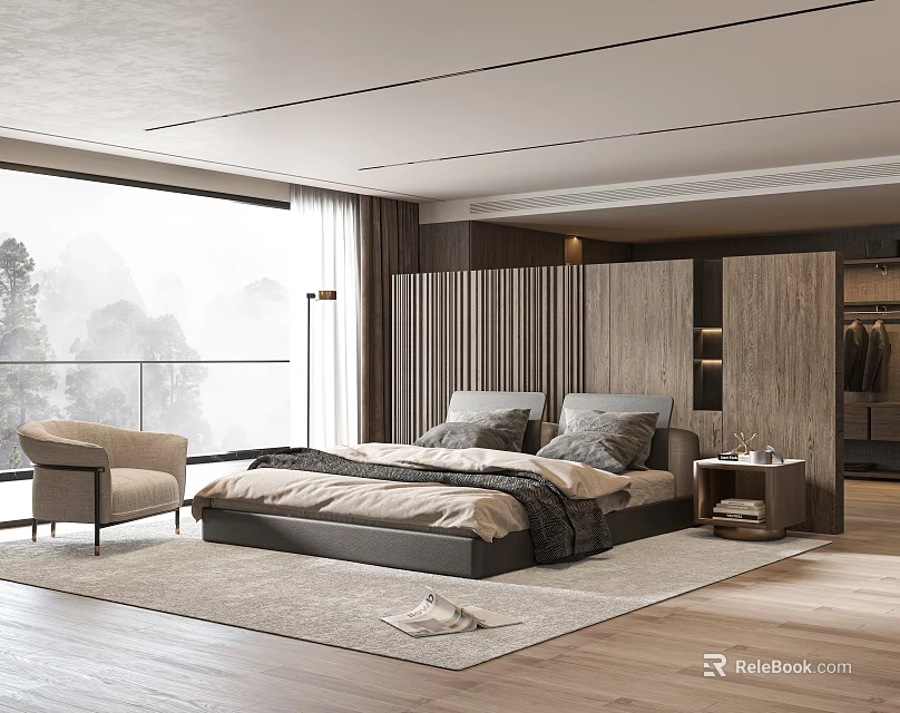 Modern Bedroom Interior With Large Window Beige Chair Wooden Wardrobe Bed Rug And Nightstand 3d model 