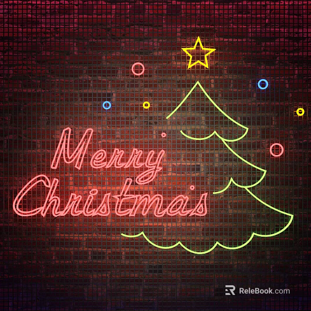 Festive Christmas Neon Decorative Lights with Tree Star Text and Colorful Circles on Brick Wall 3d model 