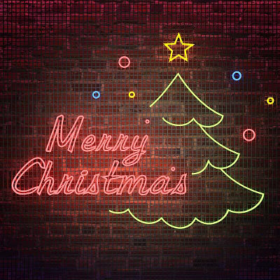Festive Christmas Neon Decorative Lights with Tree Star Text and Colorful Circles on Brick Wall 3d model