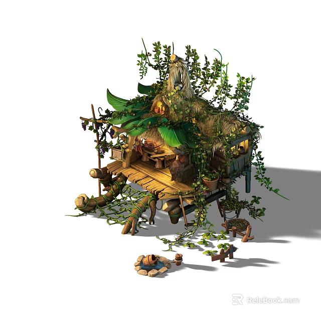 Cartoon Treehouse Scene with Wooden Platform Vines Green Leaves and Small Decorations 3d model 