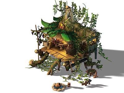 Cartoon Treehouse Scene with Wooden Platform Vines Green Leaves and Small Decorations 3d model