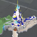 Cartoon Castle Scenery With Blue Spires Pink Towers Green Grass Waterfall And Pathway