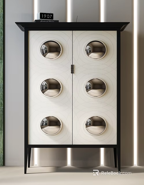 Elegant Modern Entryway Console Cabinet With White Panel And Metallic Circular Decor 3d model 