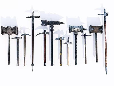 Medieval Weapons Collection Featuring Axes Hammers Various Designs Metal Handles Displayed 3d model