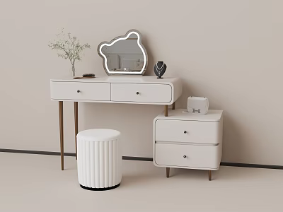 Modern Minimalist White Dressing Table With Gold Legs Round Stool And Unique Shaped Mirror 3d model