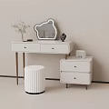 Modern Minimalist White Dressing Table With Gold Legs Round Stool And Unique Shaped Mirror