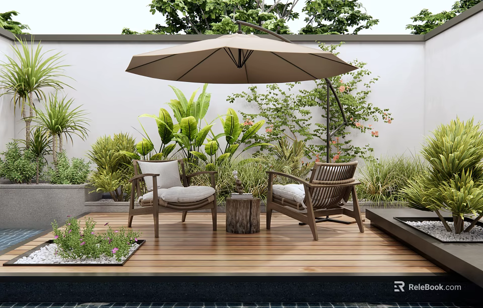 Serene Courtyard Garden With Wooden Deck Rattan Chairs Beige Umbrella Green Plants And Small Pool 3d model 