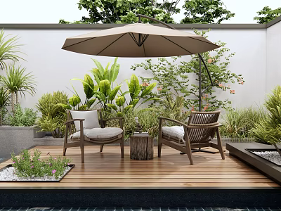 Serene Courtyard Garden With Wooden Deck Rattan Chairs Beige Umbrella Green Plants And Small Pool 3d model