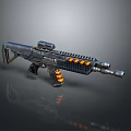 Futuristic Combat Rifle With Scope Magazine And Orange Accents On Metallic Surface