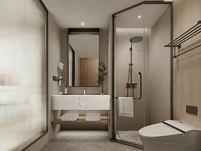 Modern Hotel Bathroom Design With Glass Shower Marble Countertop Mirror And Towel Rack 3d model