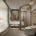Modern Hotel Bathroom Design With Glass Shower Marble Countertop Mirror And Towel Rack