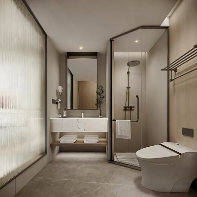 Modern Hotel Bathroom Design With Glass Shower Marble Countertop Mirror And Towel Rack 3d model