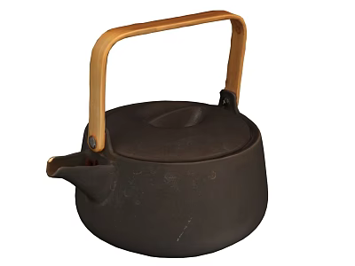Traditional Black Ceramic Teapot with Natural Wooden Handle for Home Tea Brewing 3d model