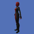 Woman in Red and Black Bodysuit With Red Hair and Mask Against Blue Background