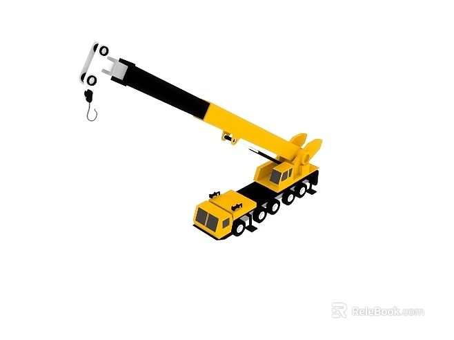 Yellow Mobile Crane Truck With Extended Boom And Hook For Construction Work 3d model