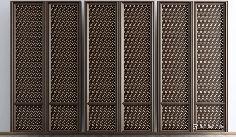 Wooden Room Divider With Brown Grid Pattern Multi Panel Screen Modern Home Decor 3d model 